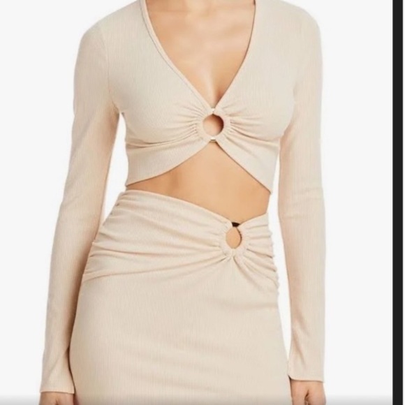 Fore Tops - Bloomingdales beige FORE Ribbed Beige Long Sleeve O-Ring Center Crop Top